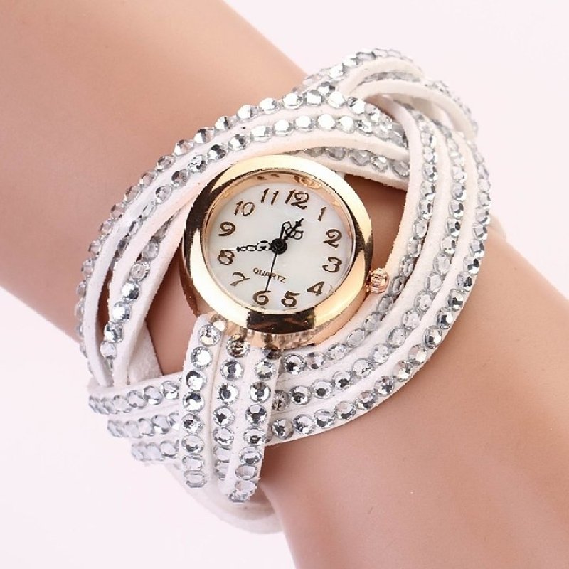 Nơi bán Women Round Dial Rhinestone Weave Wrap Synthetic Leather Bracelet Wrist Watch Watches (White) - Intl