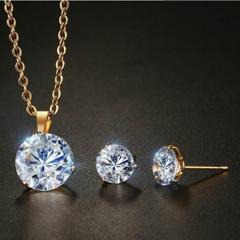 Women Stainless Steel White Zircon Necklace + Stud Earrings Set Jewelry - intl
