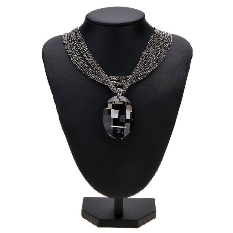 Womens Retro Big Rhinestone Pendant Multi-layer Necklace (Black)
