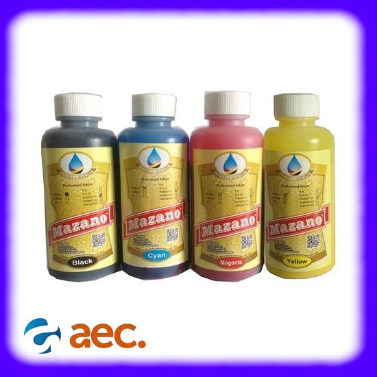 Bộ 4 chai mực dầu Pigment UV chống nước, chống bay màu thương hiệu Mazano chai 100ml gồm 4 màu (BK/C/M/Y) dùng cho các máy in phun Epson L110 / L120 / L220 / L300 / L310 / L360 / L365 / L385 / L405 / L455 / L565 / L655 / L805