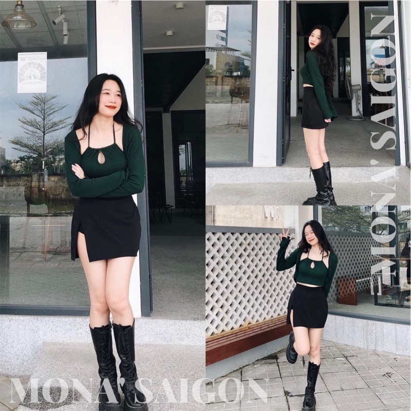 MONÁ Chân váy ngắn đen xẻ tà MANDA SKIRT