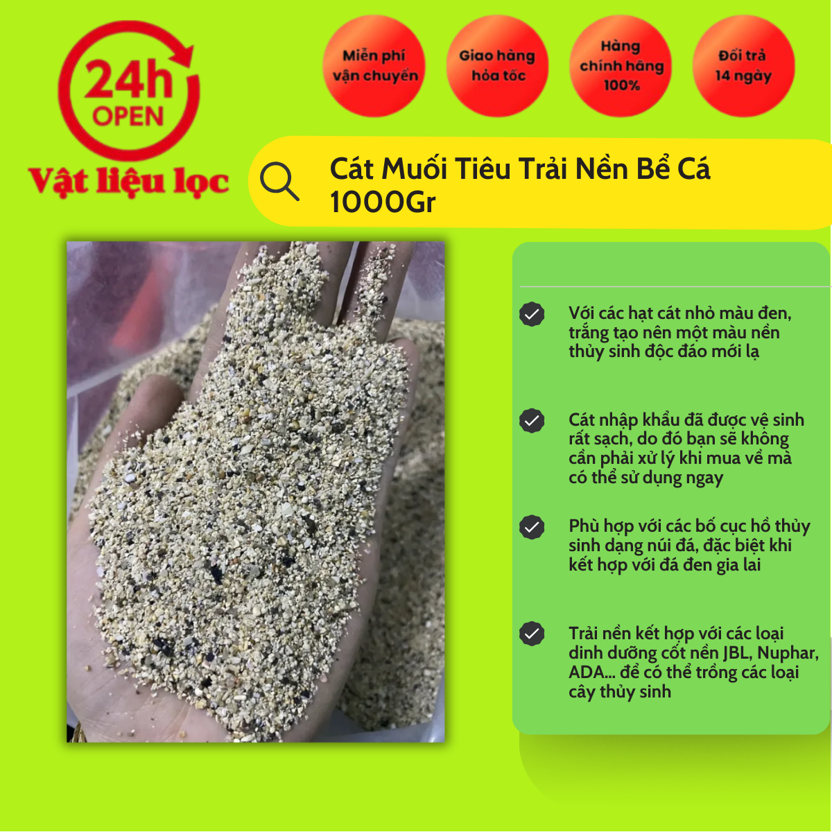 Cát Muối Tiêu Trải Nền Bể Cá 1000Gr