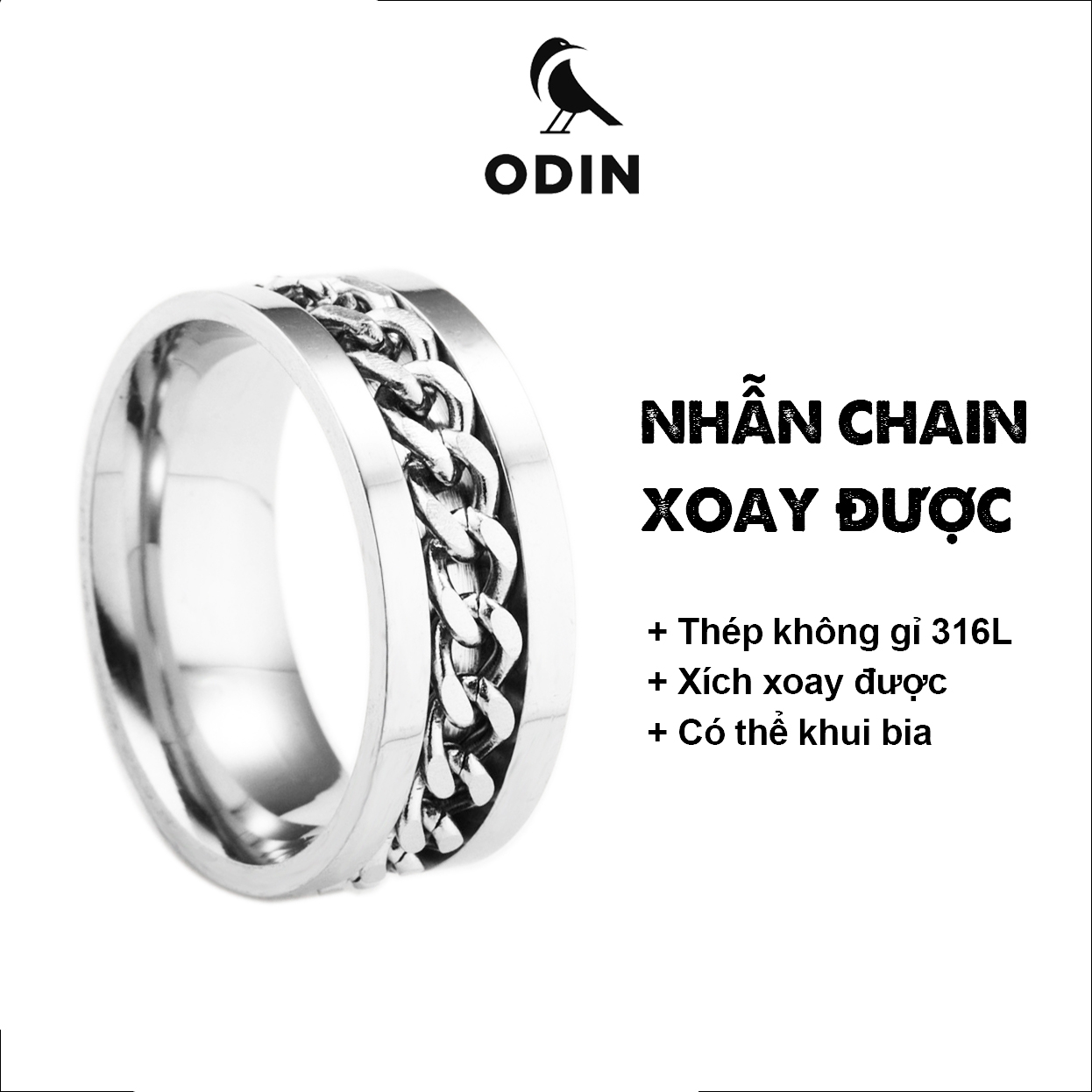 Nhẫn Chain titan bản xoay - Thép Titanim 316L - Bảo hành 12 tháng