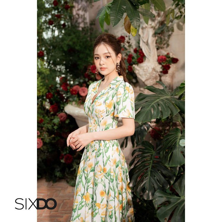 Chân váy hoa A midi xếp ly thời trang SIXDO (Z-White Floral Midi Raw Skirt)