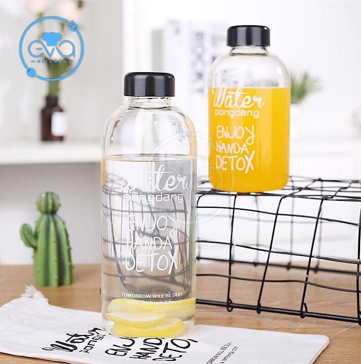 Combo 2 Bình Đựng Nước Thuỷ Tinh Detox 1000 Ml Và 600 Ml  Kèm Túi Vải Đựng