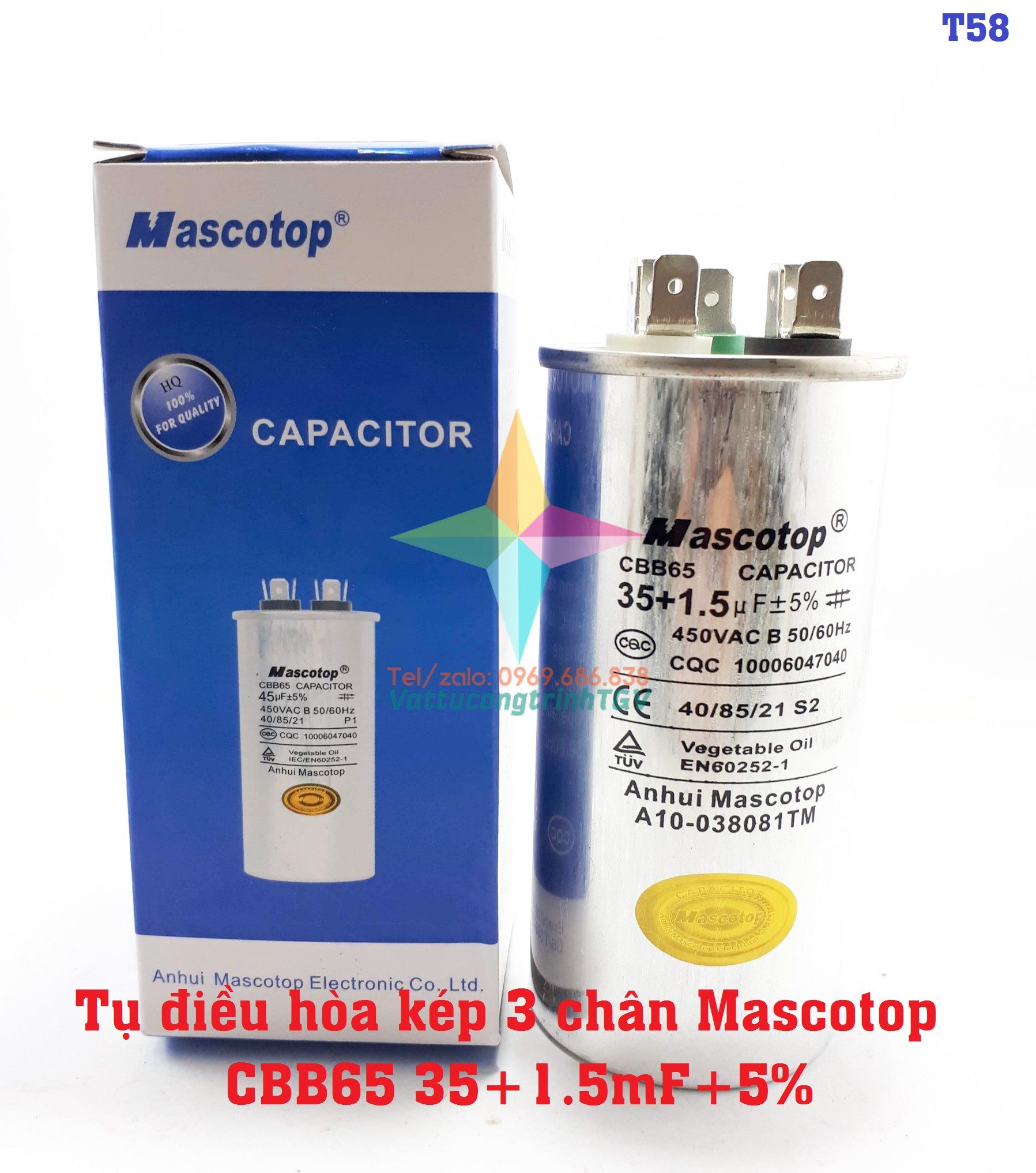 Tụ điều hòa 3 chân mascotop cbb65 35+1.5uf+5%