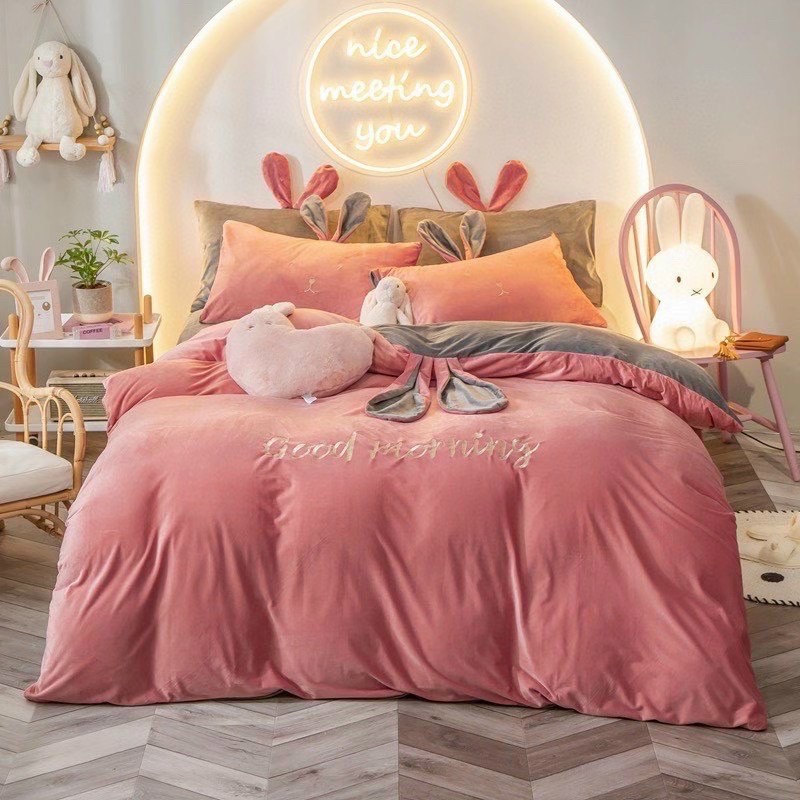 Bộ Chăn Ga Gối Nỉ Nhung Tai Thỏ Hồng Đỗ