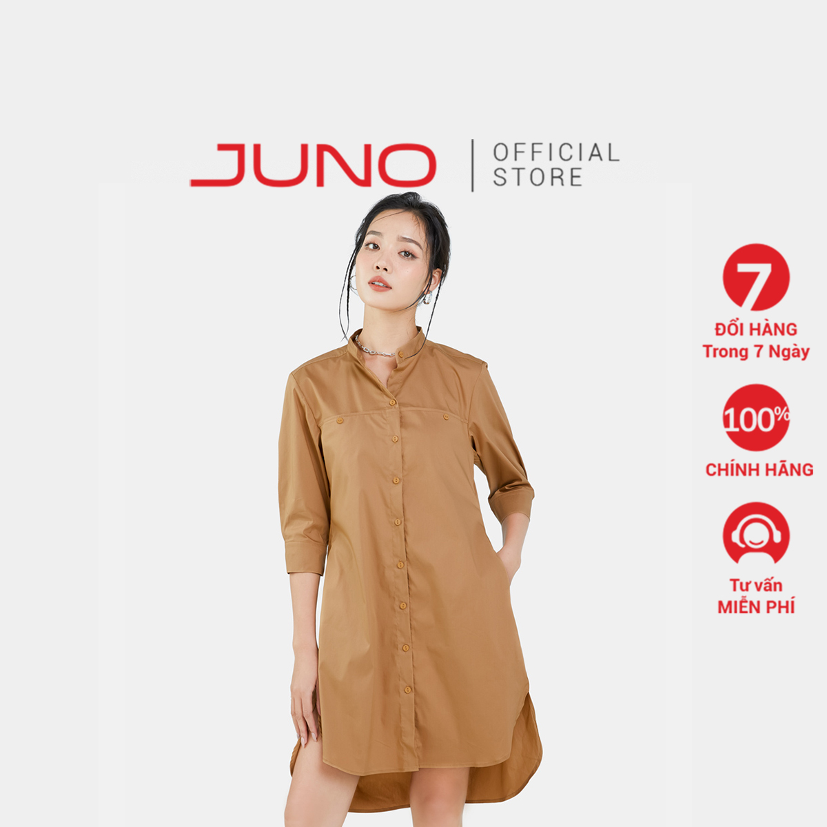 Đầm Sơ Mi Nữ Thời Trang JUNO Dáng Lửng Tay Dài JNDLU020