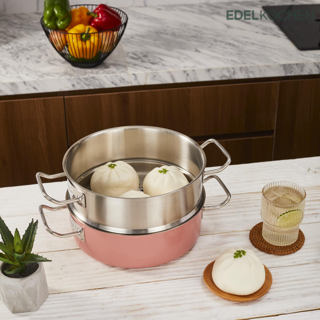 [HCM]Nồi hấp Edelkochen Inox Solid Hồng 3 lớp 24cm kèm xửng hấp