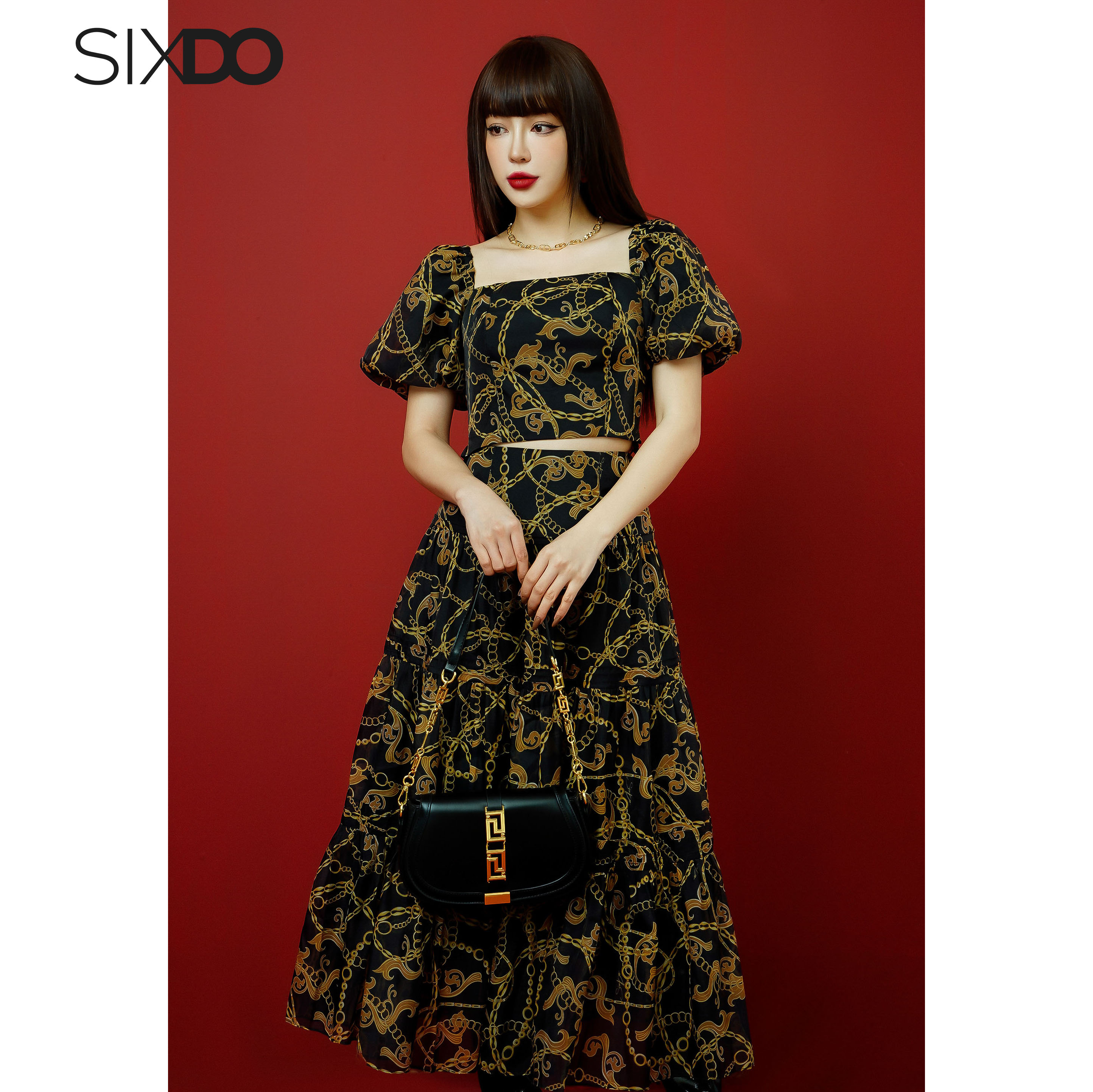 Áo nữ tơ croptop họa tiết baroque SIXDO (Black Baroque Print Cropped Top)