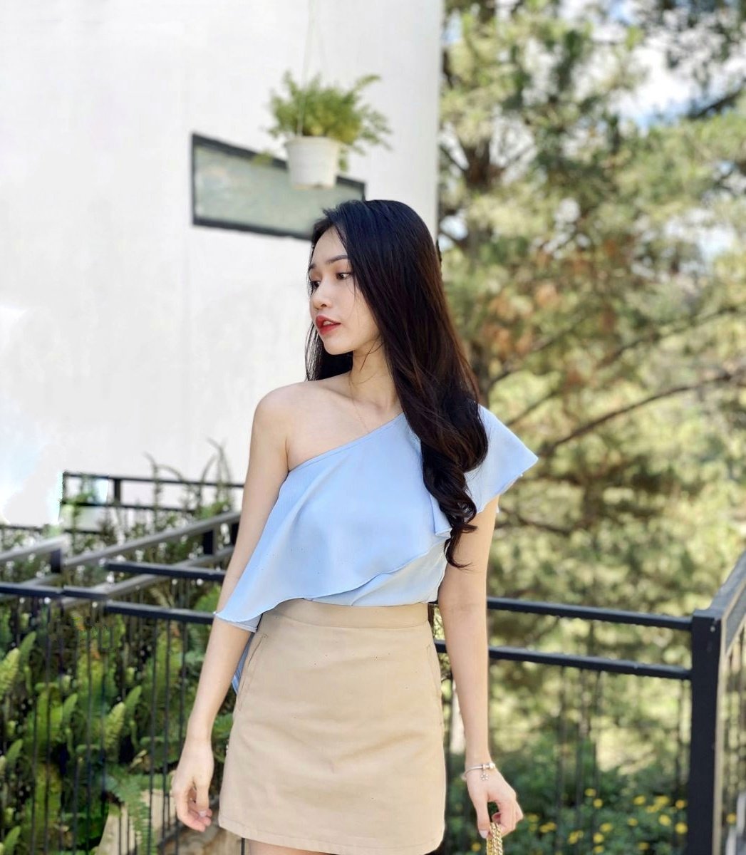 [HCM]Áo Lệch Vai Bèo Xéo Chất Liệu Đũi (XANH)