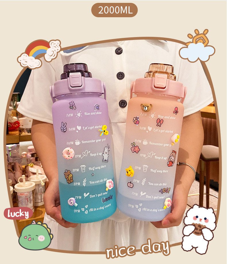 bình nước 2 lít nữ cute tặng kèm sticker có vạch báo giờ uống nước tiện lợi chất liệu tốt an toàn cho sức khỏe, bình nước cute nữ, bình đựng nước 2 lít, bình đựng nước, bình giữ nhiệt 2 lít 4