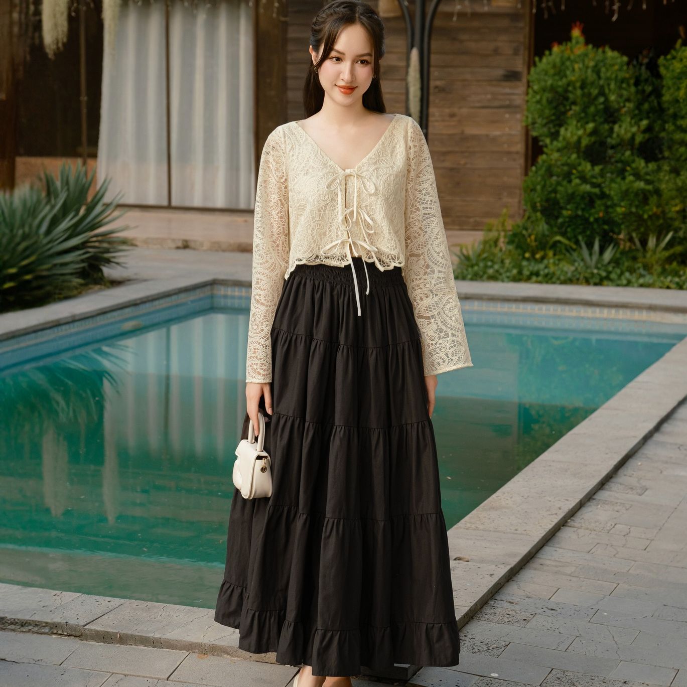 Voucher siêu sale 15% OLV - Chân váy xòe dài 2 màu Skirt