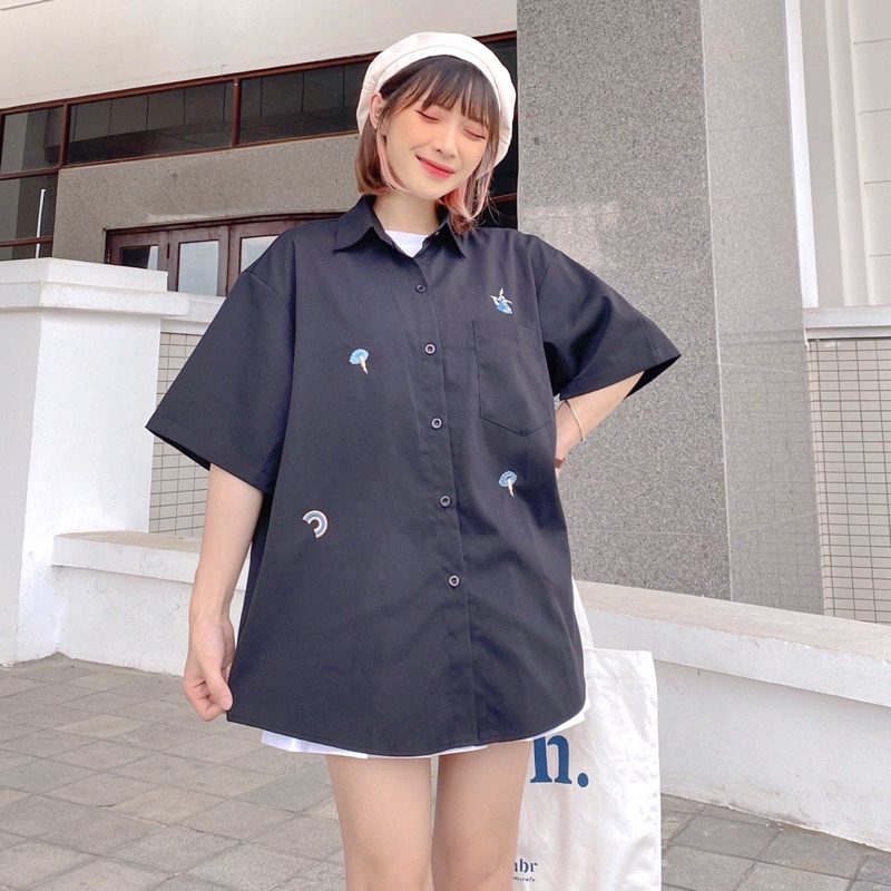 Áo sơ mi nam nữ ngắn tay họa tiết dễ thương, sơ mi tay lỡ form rộng thêu hoạ tiết bele vải kate hàn phong cách ulzzang, LAZASHION, sơ mi hàn quốc, sơ mi đi học, sơ mi học sinh, sơ mi cộc tay, sơ mi unisex, sơ mi kiểu