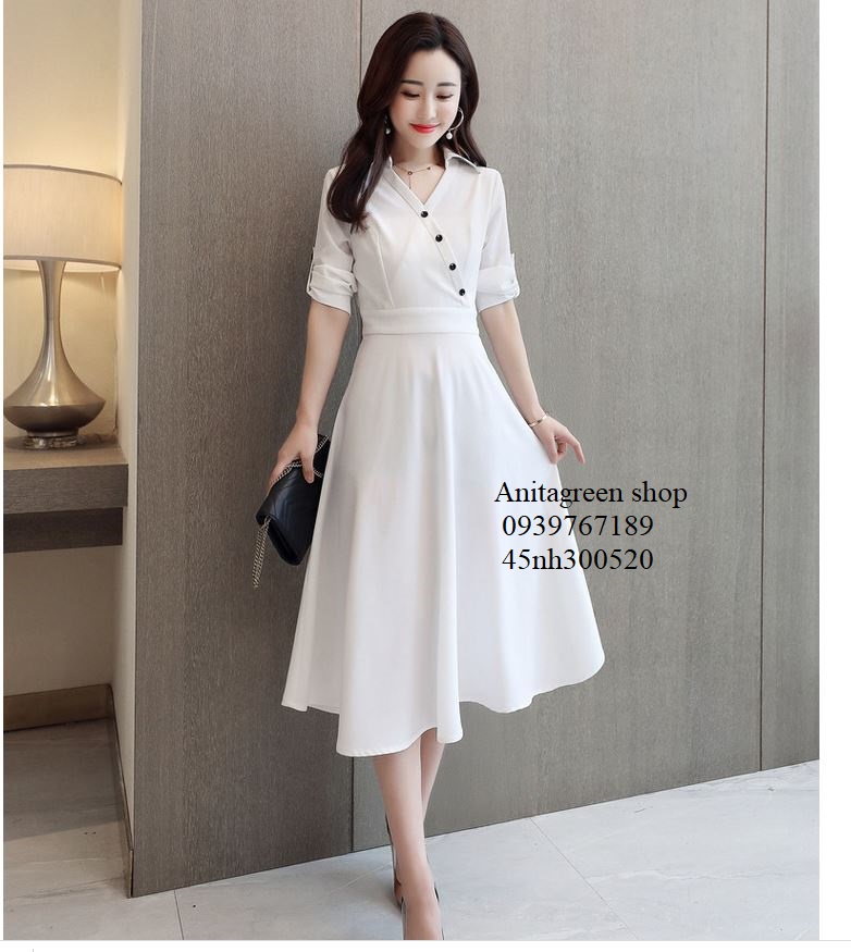 Nh300520-đầm xòe đính nút tay ngắn duyên dáng