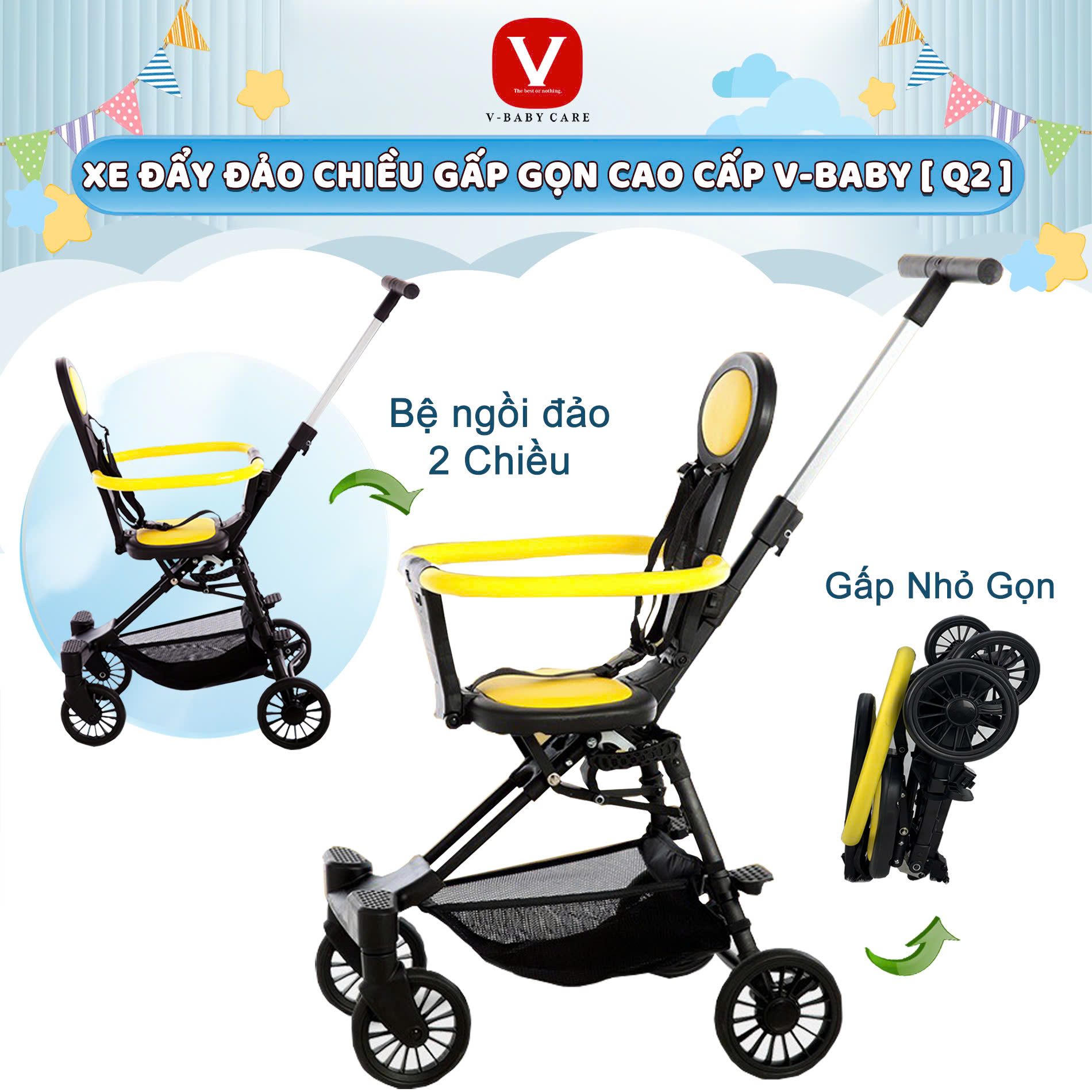 XE ĐẨY ĐẢO CHIỀU GẤP SIÊU GỌN V-BABY Q2 CÓ ĐAI AN TOÀN
