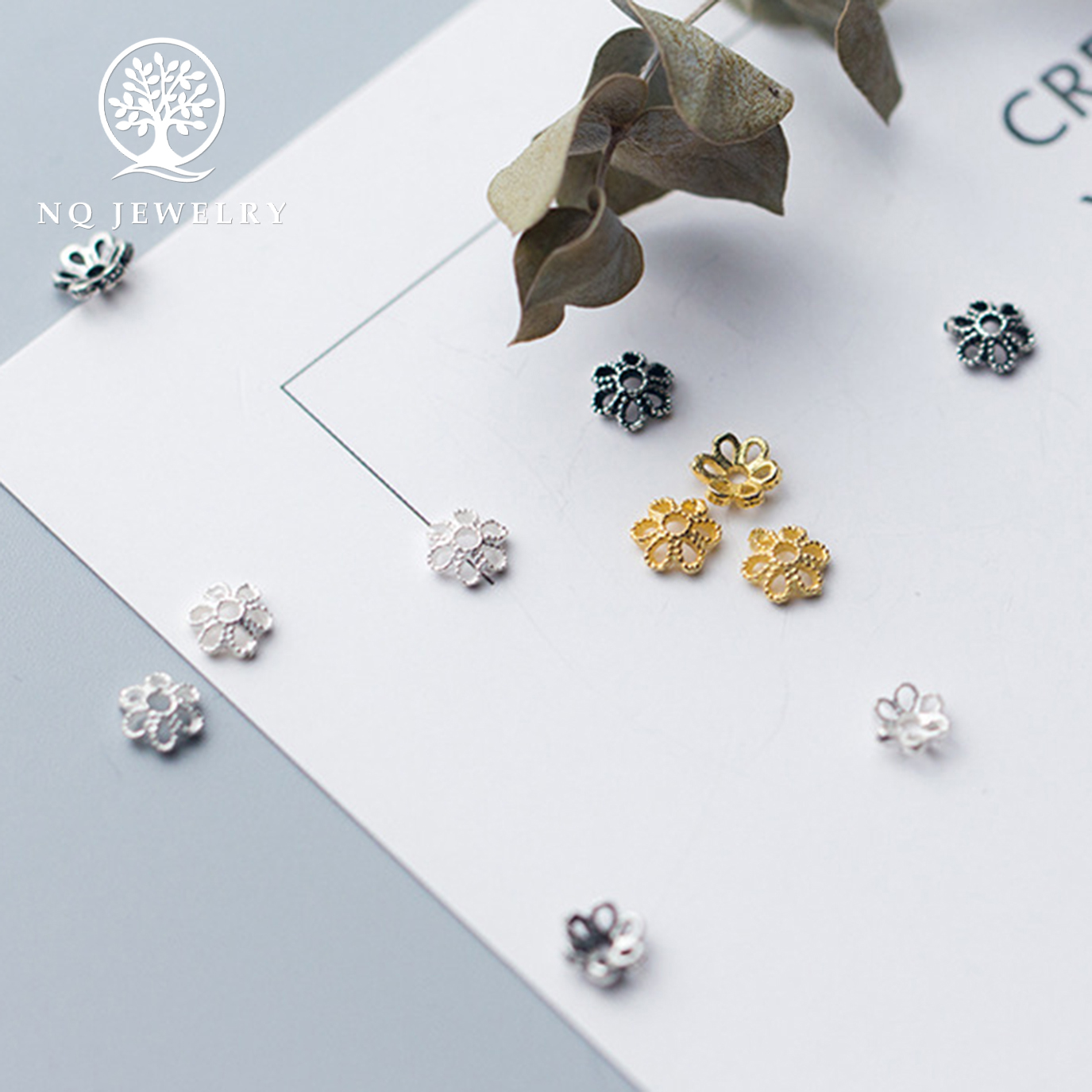 [HCM]Combo 2 cái charm bạc chụp hạt họa tiết hoa văn - NQ Jewelry