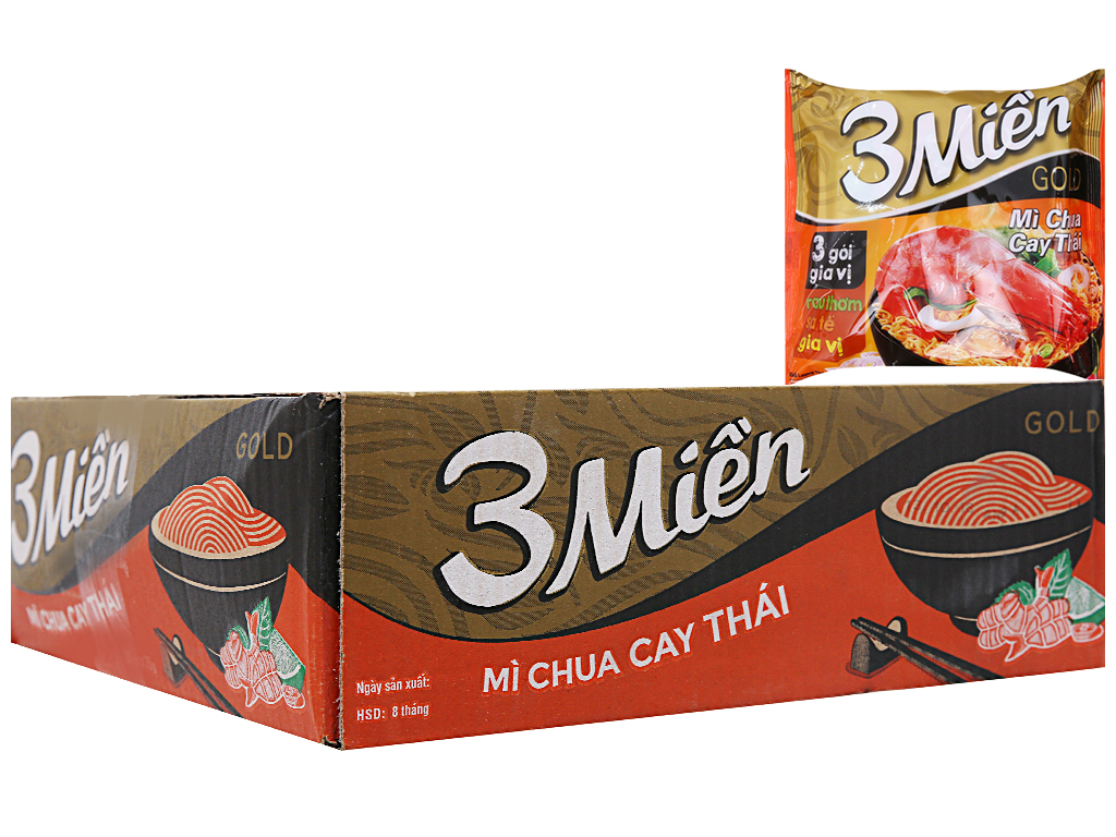 Thùng 30 gói mì 3 Miền GOLD 75gr 3 vị (bò + Chua cay đặc biệt + Chua cay Thái)