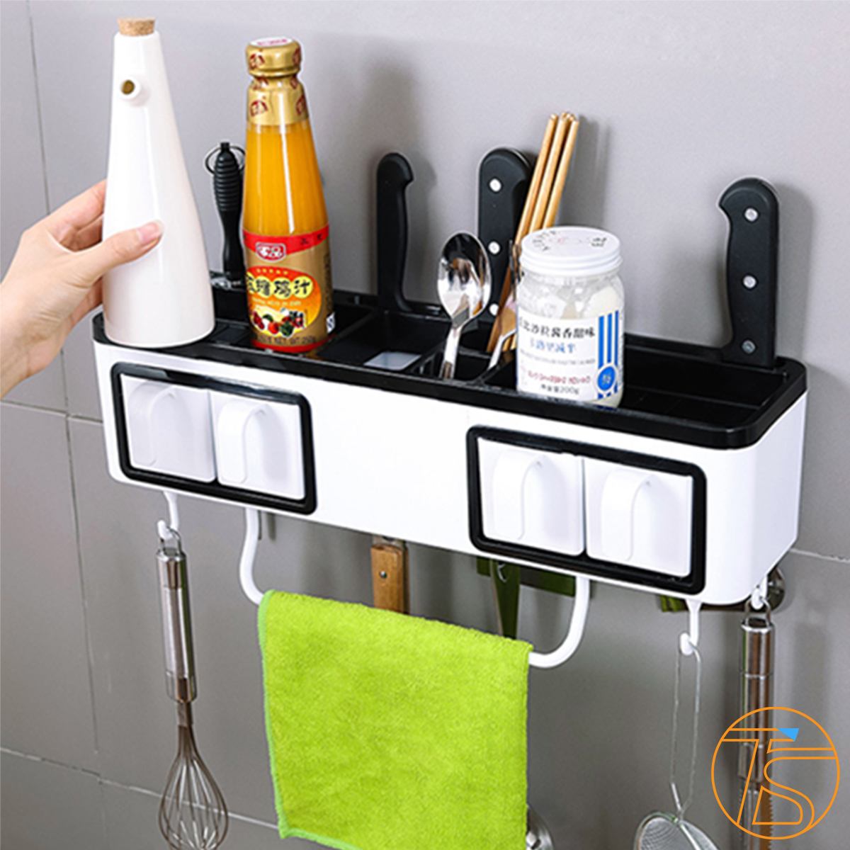 Kệ nhà bếp đa năng RA815 đựng muỗng đũa cao cấp - Kệ gia vị 4 hủ - Dụng cụ nhà bếp thông minh - Khay đũa muỗng - Không cần khoan tường - Kệ dao kéo đũa thìa - Kệ máng khăn thớt nồi chảo