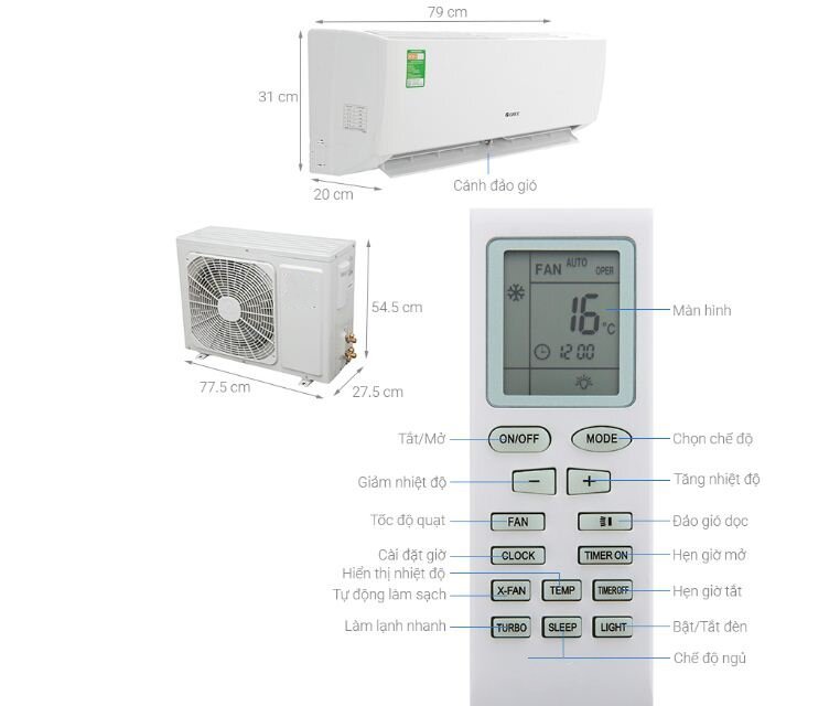 Điều khiển điều hòa GREE mặt trắng viền vuông cao cấp