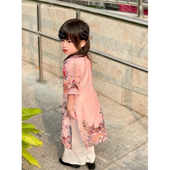 Set áo dài cách tân vải lụa hoa xuân cho bé 10-20kg