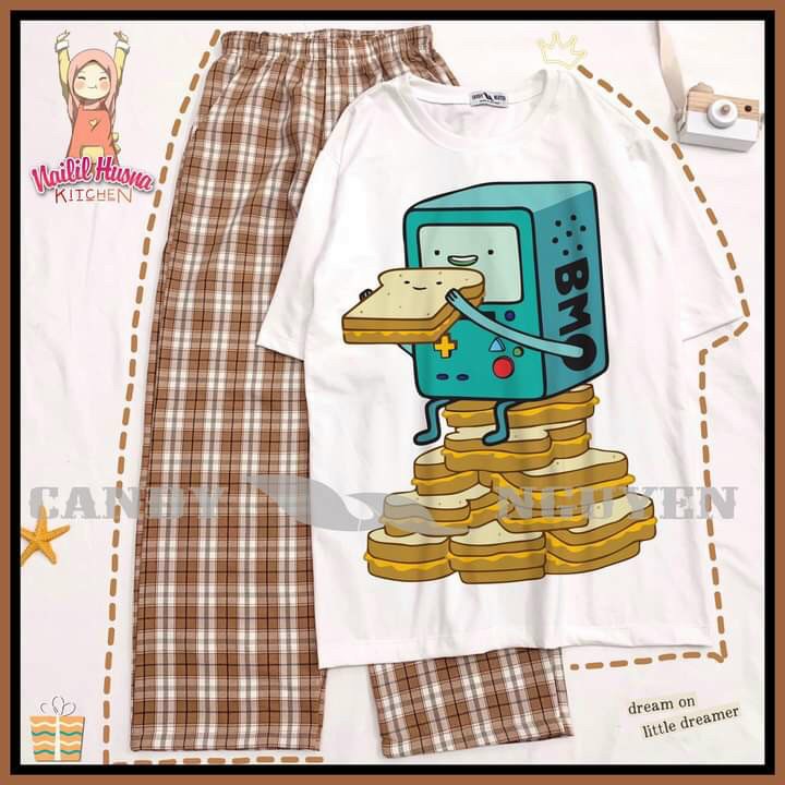 Sét Bộ Áo Coton  3D Cartoon Hoạt Hình Forn Rộng + Quần Cạp Cao Caro Ống Rộng Hot Trend Hàn Quốc Xì Teen TTSLB0131