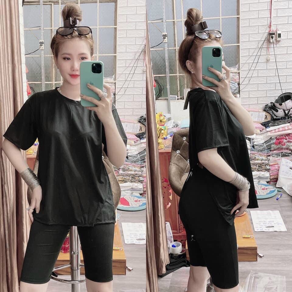 SET QUẦN LEGGING NGỐ ĐEN + ÁO THUN CỘT SAU