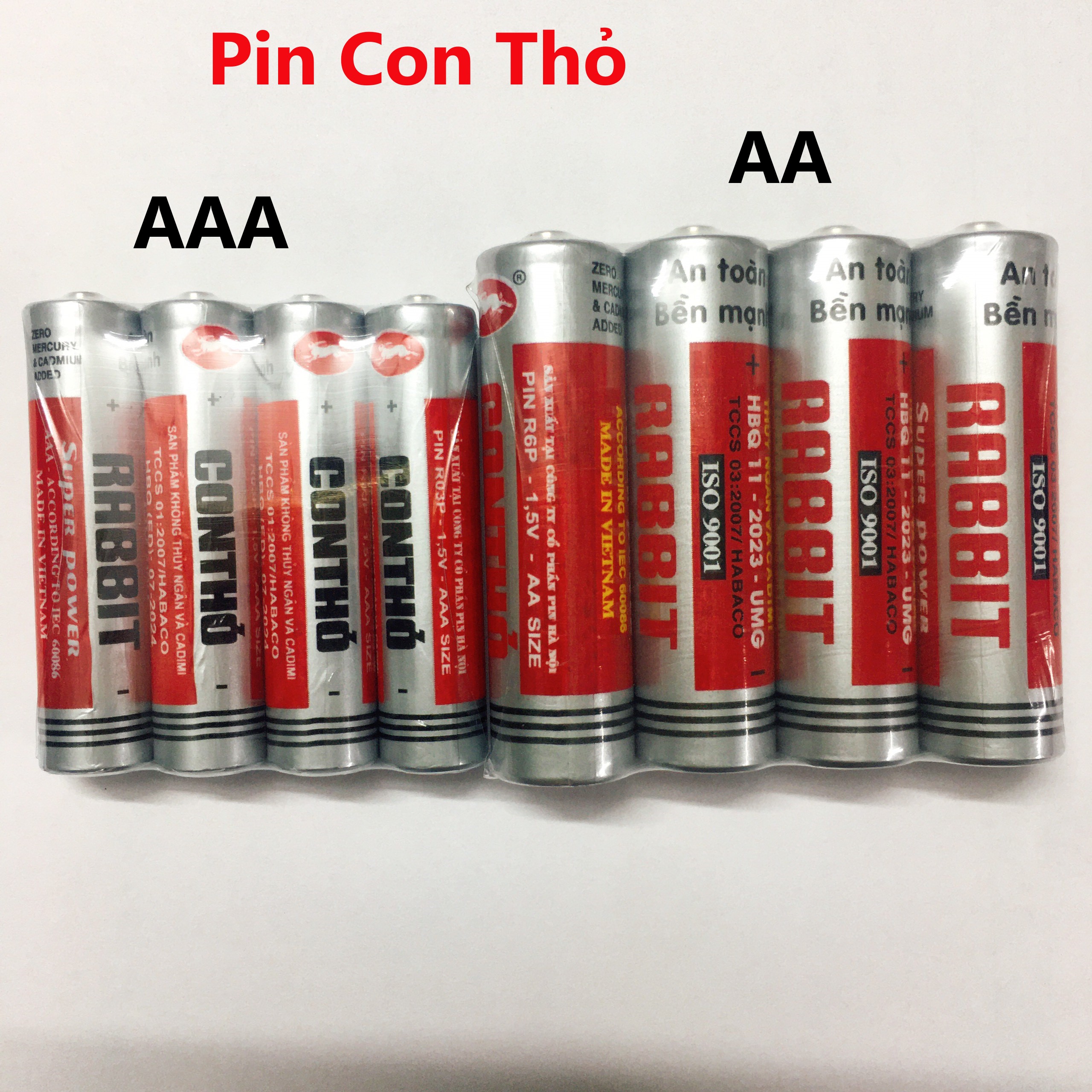 Vỉ 4 Pin con thỏ AA, cỡ lớn, AAA cõ bé, pin 1,5V