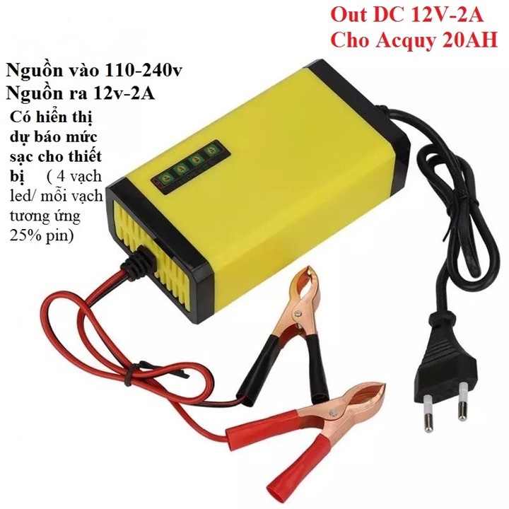 Bộ sạc bình acquy 12v 2A thông minh cho xe máy, kích thước nhỏ gọn tiện lợi, SẠC bình ắc quy 12v, Sạc Acquy 12V 2a Nguồn Xung ổn Định Thích Hợp Sạc Bình Khô Và Bình Nước Từ 2ah-20AH