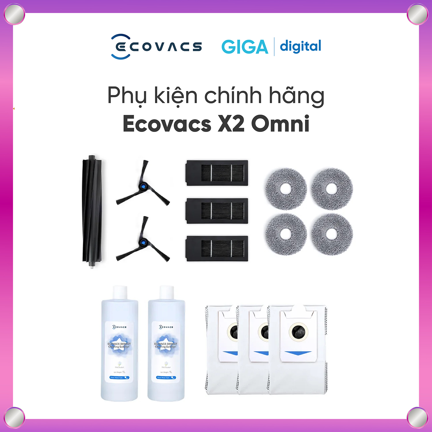 Phụ kiện robot ecovacs x2 omni | phụ kiện ecovacs x2 omni | chổi chính x2 omni | chổi cạnh x2 omni | giẻ lau x2 omni | module khử trùng ion bạc x2 omni