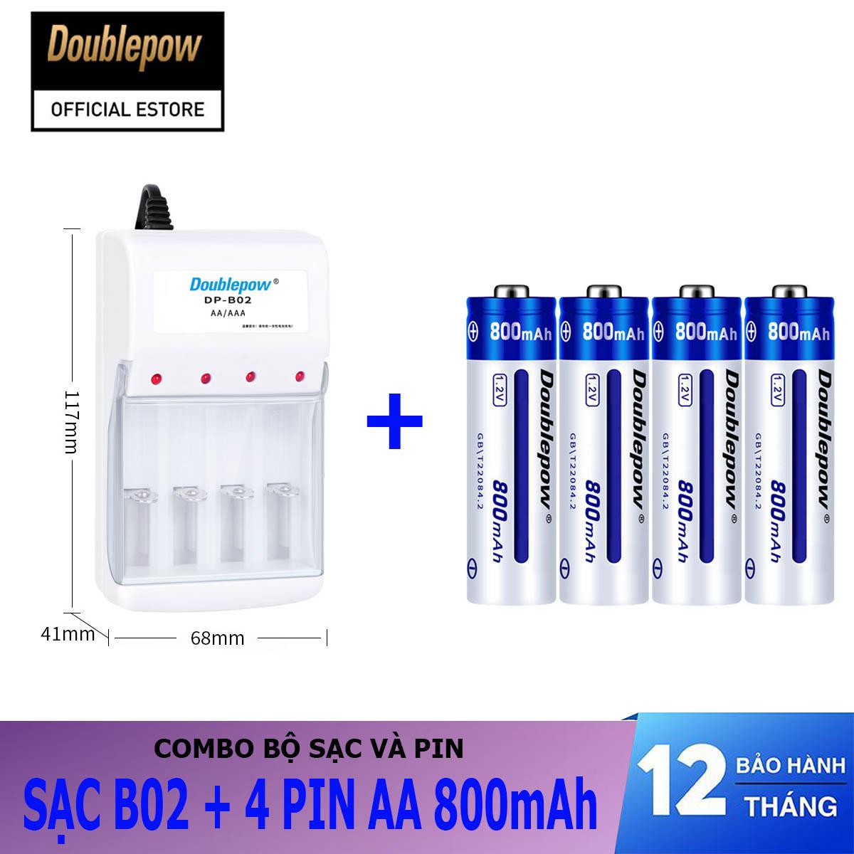 Combo sạc pin 4 cổng B02 và 04 viên pin sạc AA 800mAh - Doublepow