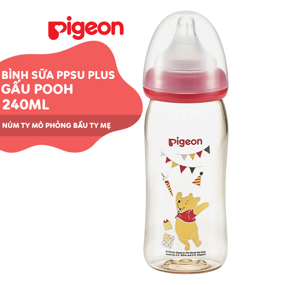 Bình sữa cổ rộng PPSU Plus Gấu Pooh Pigeon 240ml (M)