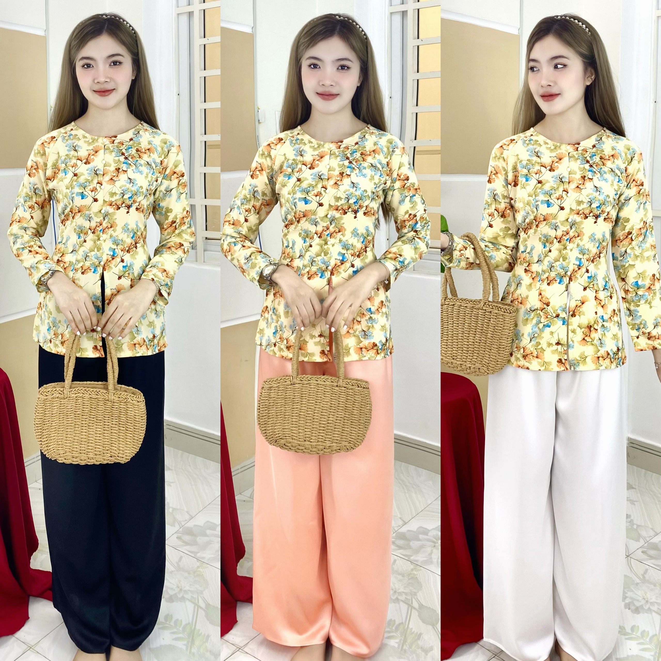 Nguyên Bộ Bà Ba Tay Dài Lụa Mango L01