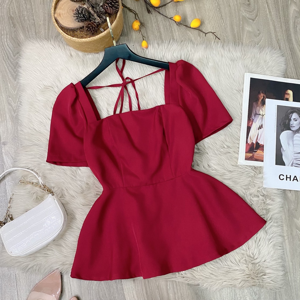 Áo peplum cổ vuông tay phông cột nơ lưng bigsize 50.90kg