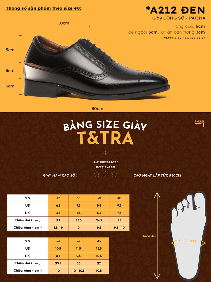 [ 6CM ] Giày Đế Cao Nam T&TRA A212 Đen - Đánh Màu Thủ Công Patina