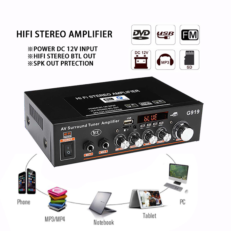Ban Đầu 600W 220V/12V Protable Bộ Khuếch Đại Mini Âm Thanh HiFi Stereo Bộ Khuếch Đại Công Suất Đầu Thu Bluetooth 2 CH AMP
