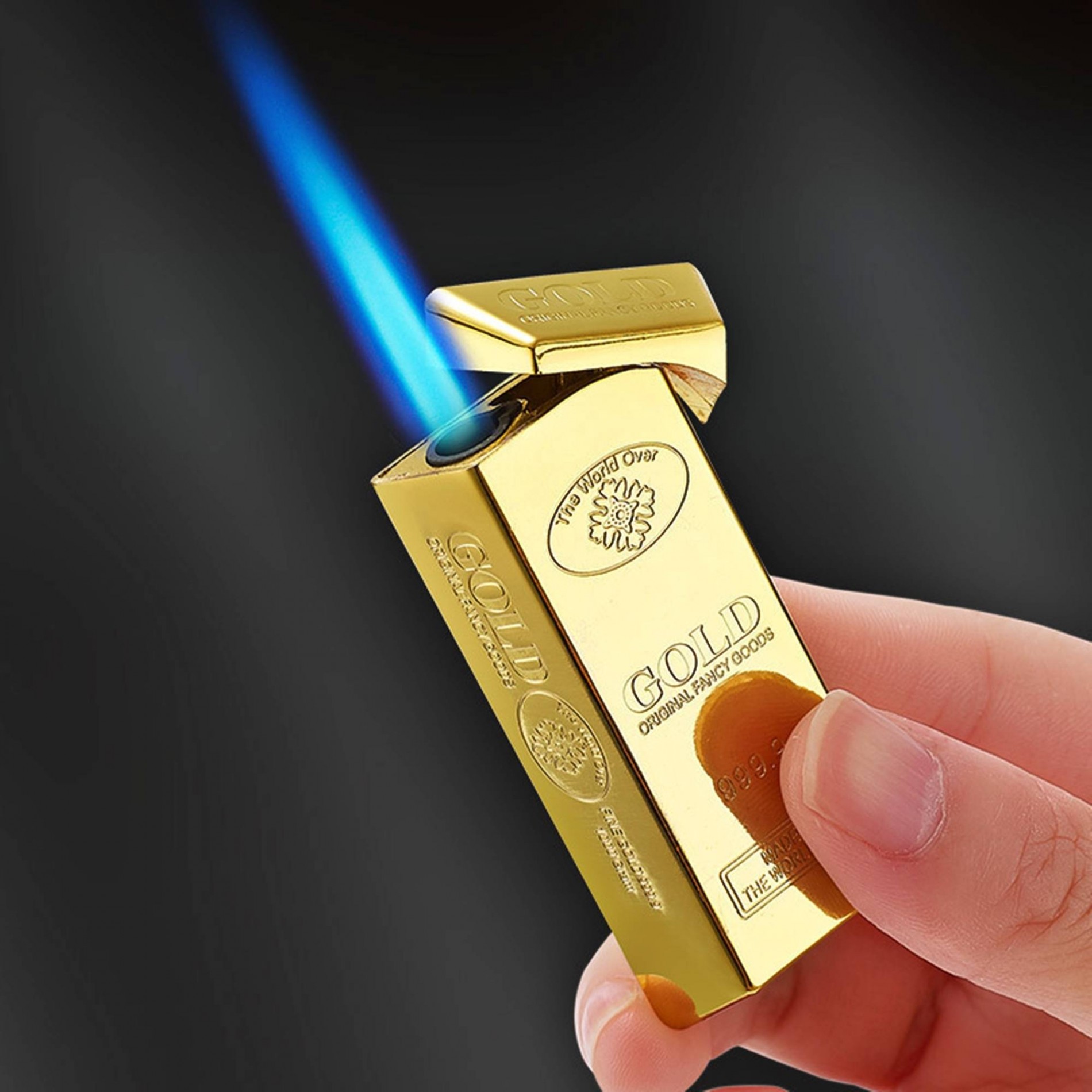 Bật lửa hình thỏi vàng khắc chữ nỗi logo 9999 vàng sáng bóng sang trọng