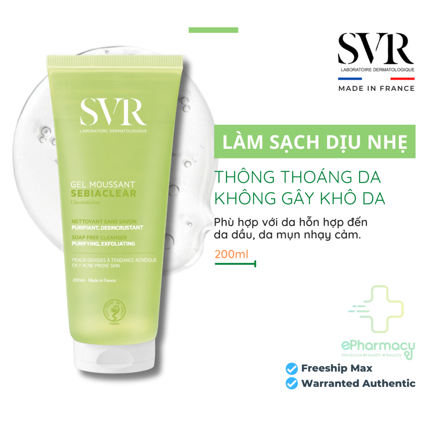 Gel rửa mặt SVR Sebiaclear Gel Mousant không chứa xà phòng, làm sạch & loại bỏ tế bào da chết