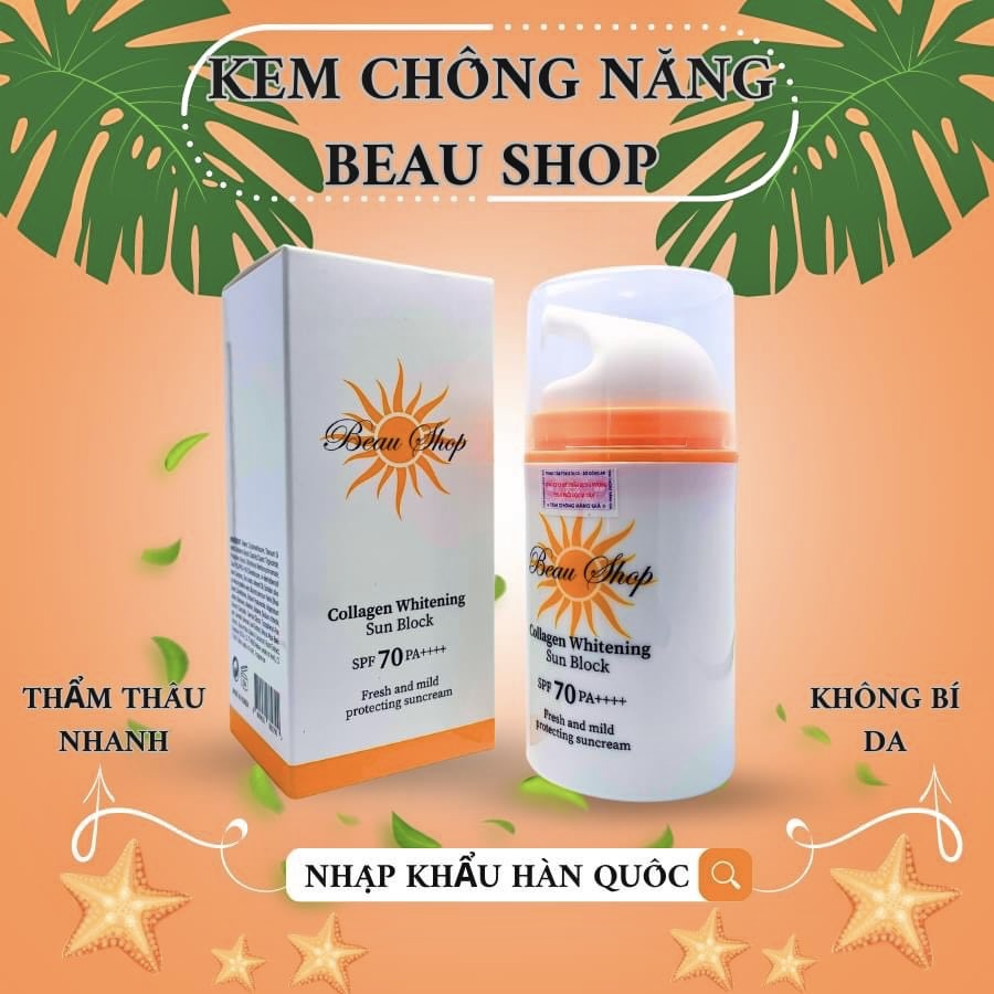 Kem chống nắng beau shop nâng tông dưỡng trắng da collagen whitening sunblock spf70 pa++++ 80gr