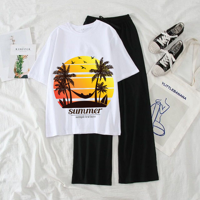 [Siêu Chất 51] Sét Bộ Đồ Quần Áo Thời Trang Nữ Xinh Cute Mặc Đi Chơi Dạo Phố, Chất Liệu Áo Cotton Trắng Organic Ngắn Tay Cổ Tròn In Cô Gái Dơ Tay Kèm Quần Ống Rộng Thun Cát Co Giãn Nhẹ Phong Cách