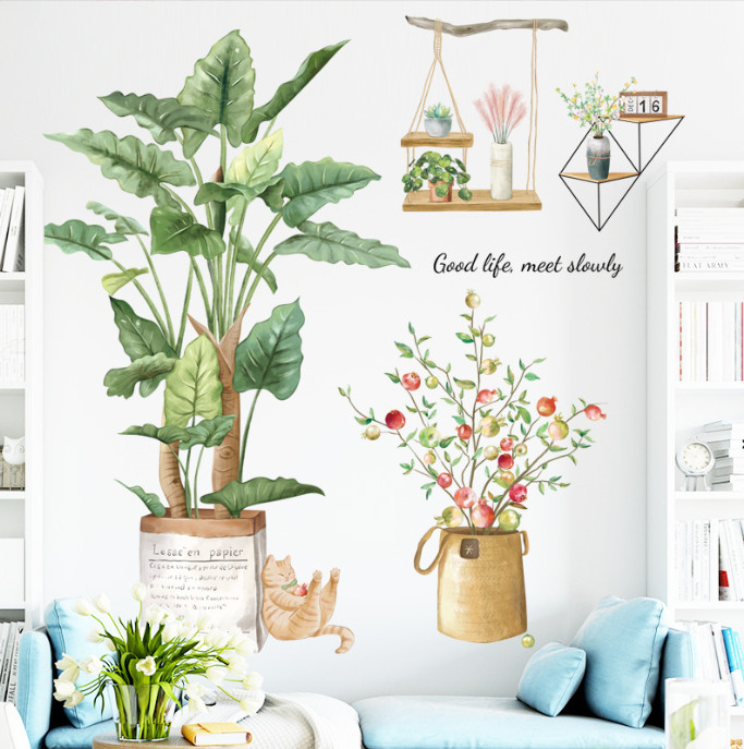 Decal trang trí tường - Chậu cây dương xỉ và chậu lựu đỏ