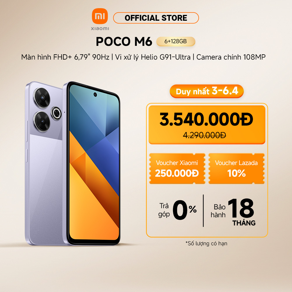 Điện thoại thông minh POCO M6 (6+128GB | 8+256GB) | Màn hình FHD+ 6,79" 90Hz | MediaTek Helio G91Ultra | Camera 108MP
