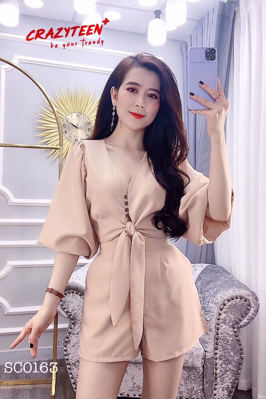 [HCM]Set bộ nữ áo cổ V cột nơ eo quần đùi cực xinh