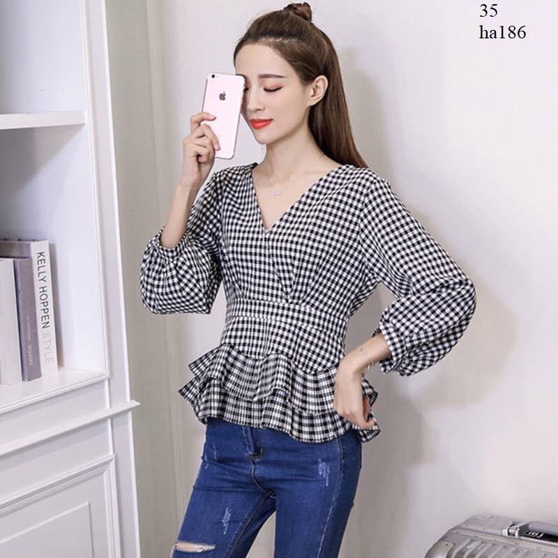 ha186- Áo kiểu nữ kẻ sọc caro