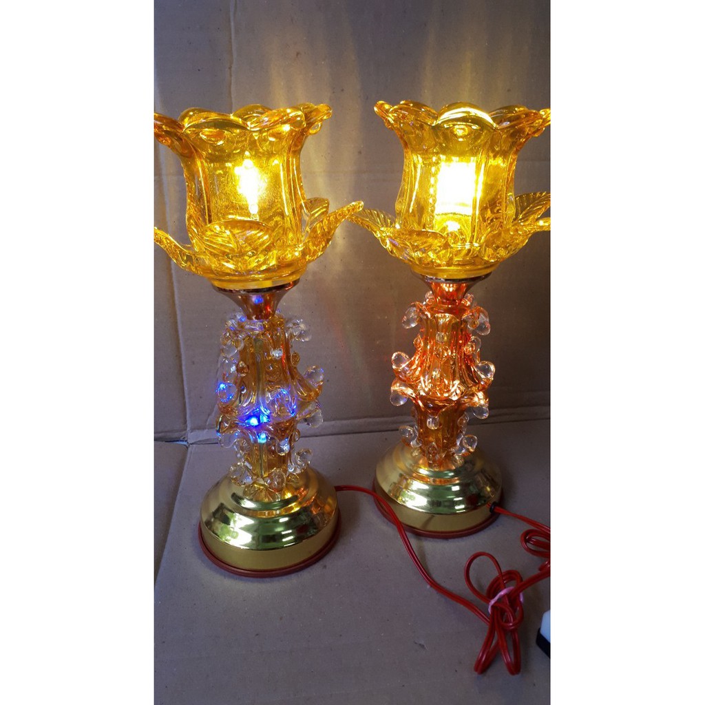 Đèn thờ 1 bông thủy tinh pha lê đổi màu cao cấp 30cm 1đôi