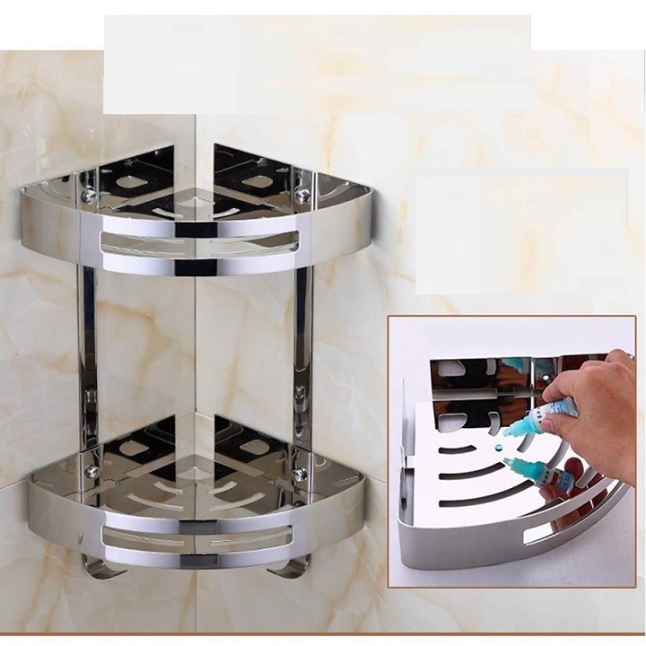 sáng bóng chắc chắn - kệ góc nhà tắm 2 tầng inox 304 chịu lực cao