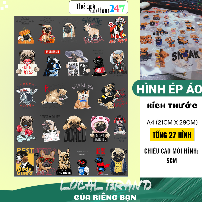 [Sticker ủi nhiệt Premium] - Hình chó Pug và Bull P3 khổ A4 | Lazada.vn