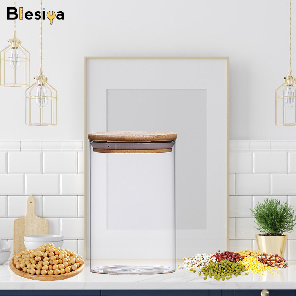 Blesiya Glass Jar with Bamboo Lid Food Storage Container for Rice Sugar Cereal