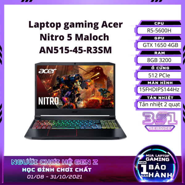 Laptop gaming Acer Nitro 5 Maloch AN515-45-R3SM 15FHDIPS144Hz/R5-5600H/8GB 3200/512 PCIe/AX/Win/GTX 1650 4GB/Black/2.2kg - Hàng chính hãng