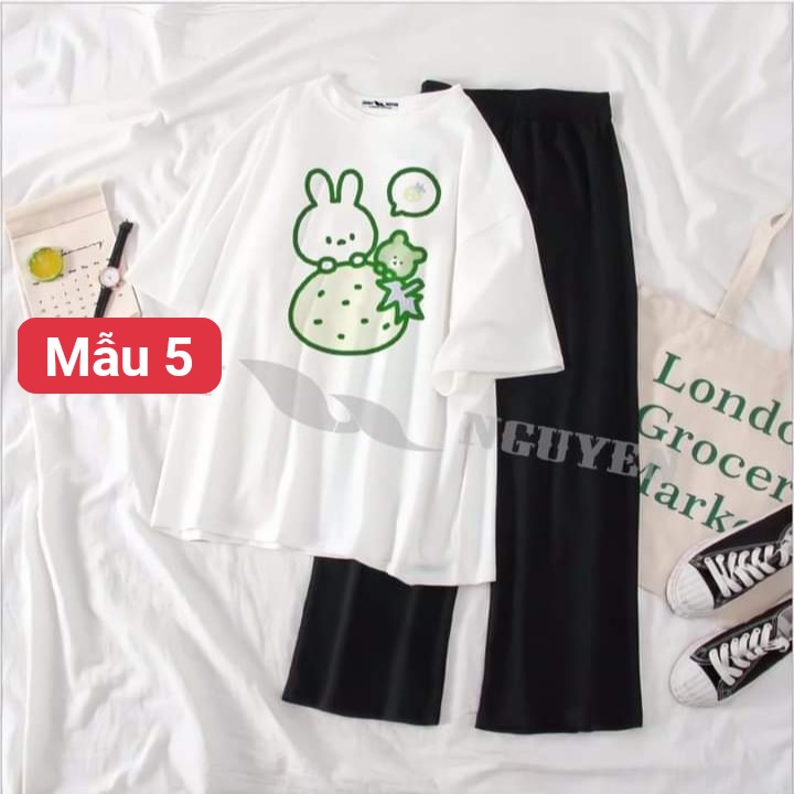 Các mẫu áo thun hình cute + quần ống rộng dài xinh xắn 95